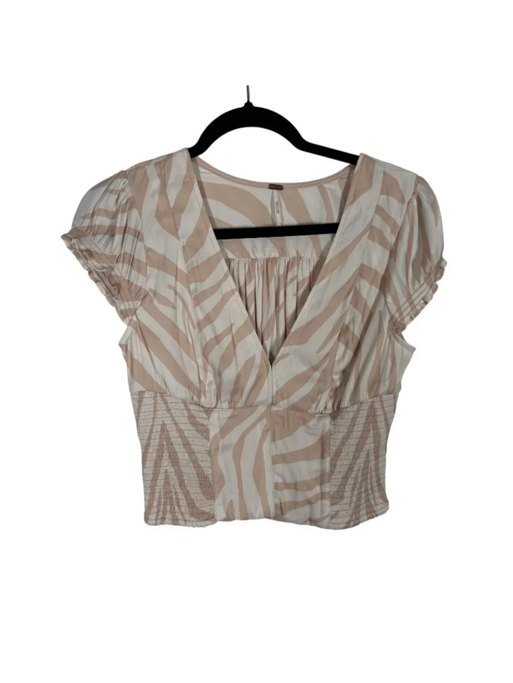 Free People Women S Peach Cream Zebra Print Satin Smocked Show Me Love Top
